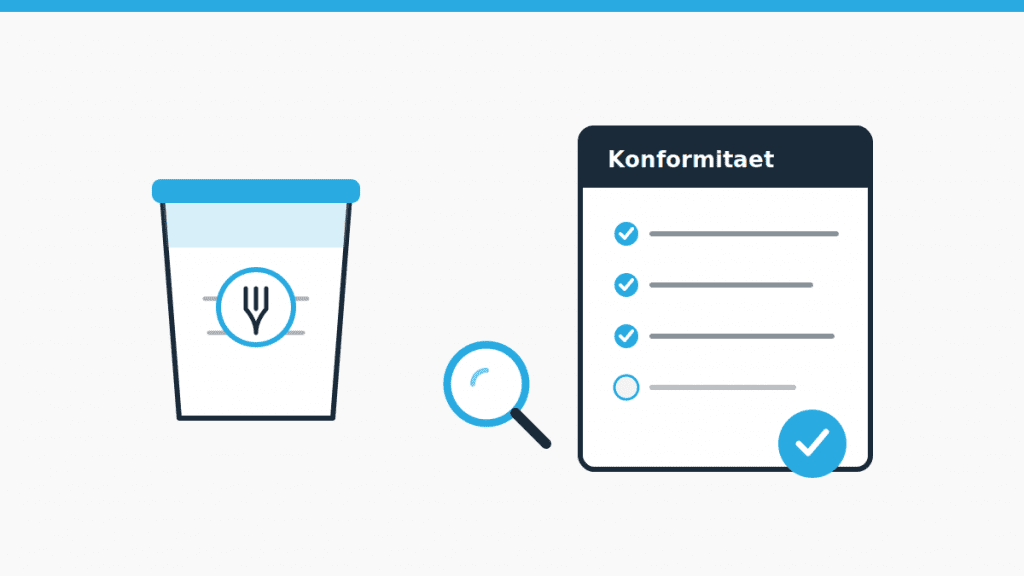 Illustration zur Bedarfsgegenständeverordnung mit Lebensmittelverpackung, Konformitäts-Checkliste und Prüf-Lupe.