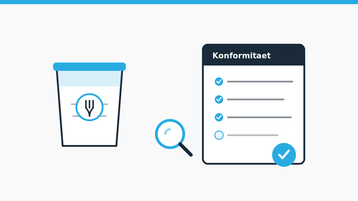 Illustration zur Bedarfsgegenständeverordnung mit Lebensmittelverpackung, Konformitäts-Checkliste und Prüf-Lupe.