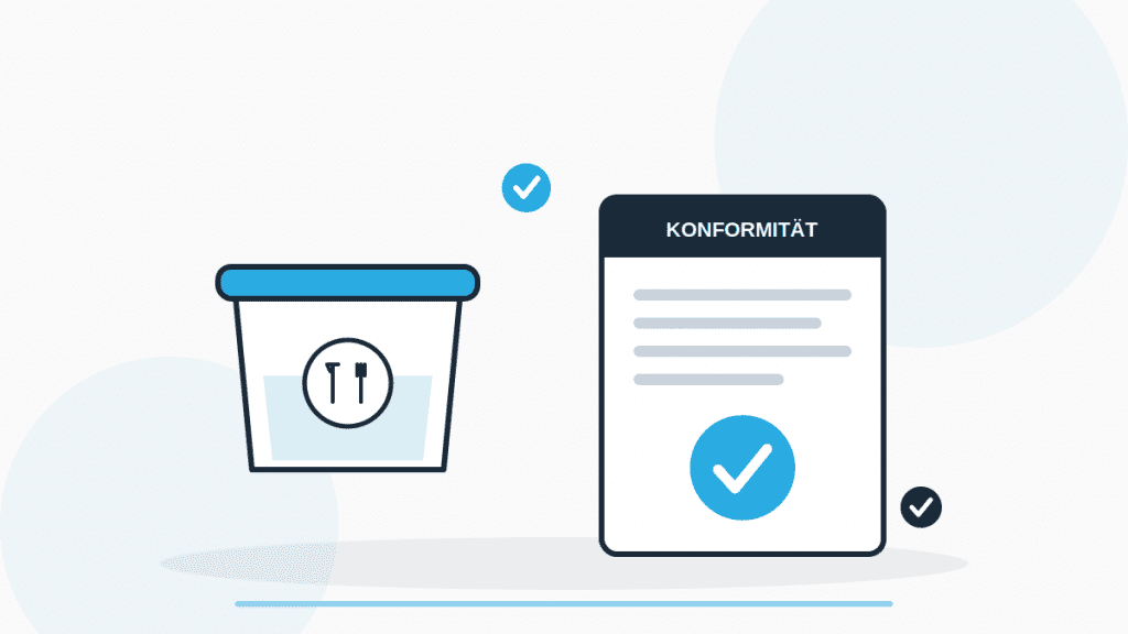 Illustration zur Bedarfsgegenständeverordnung mit Lebensmittelbehälter, Glas-Gabel-Symbol und Konformitätserklärung mit Prüf-Häkchen.