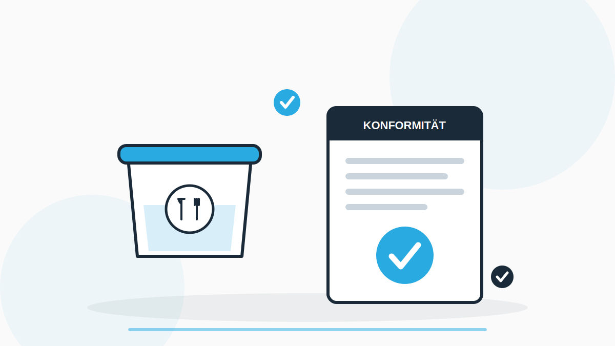 Illustration zur Bedarfsgegenständeverordnung mit Lebensmittelbehälter, Glas-Gabel-Symbol und Konformitätserklärung mit Prüf-Häkchen.