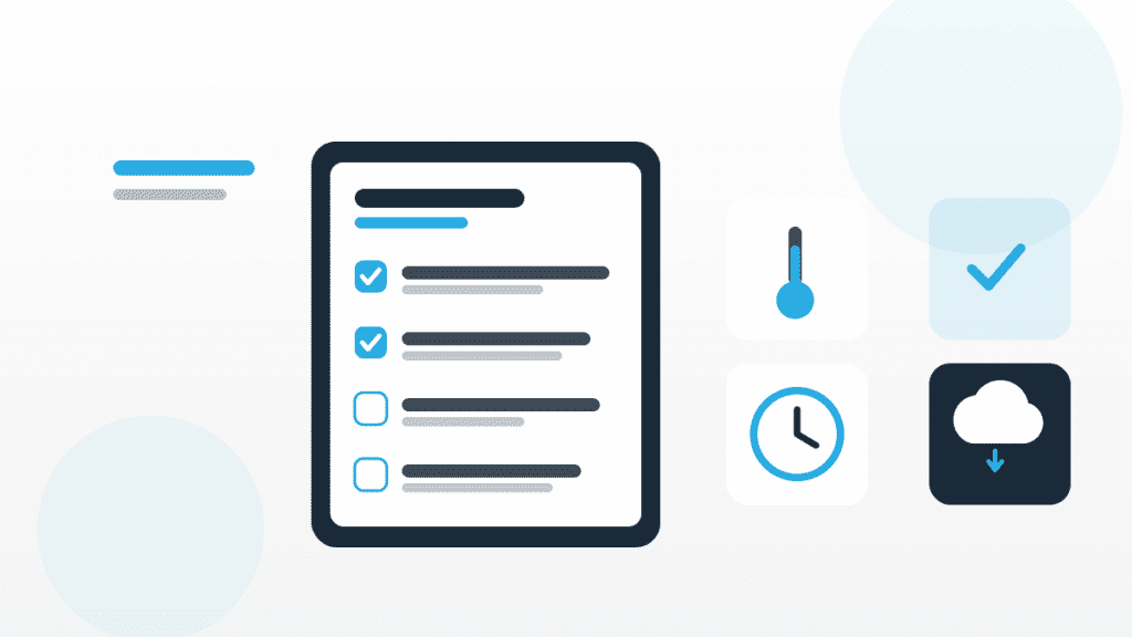 Illustration zu digitale Checklisten Gastronomie mit Tablet-Checkliste, Thermometer und Cloud-Symbol im QMSpot-Look.