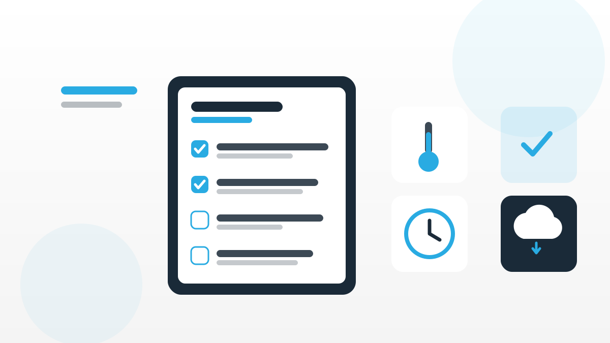 Illustration zu digitale Checklisten Gastronomie mit Tablet-Checkliste, Thermometer und Cloud-Symbol im QMSpot-Look.