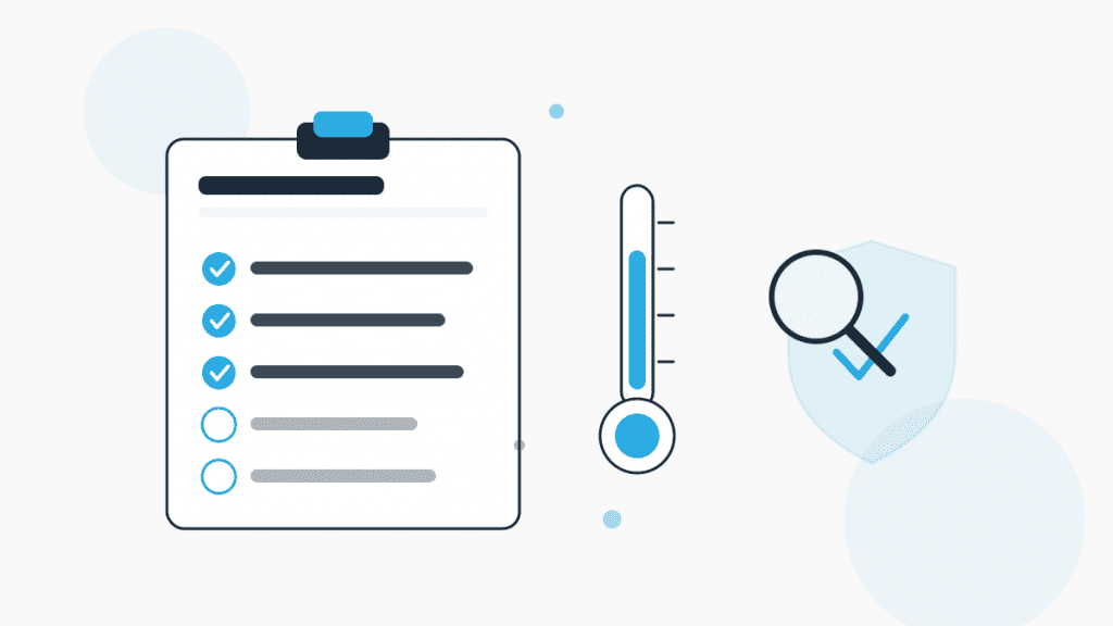 Illustration zur Eigenkontrolle Lebensmittel mit Checkliste, Thermometer und Lupe als Symbole für Prüfung und Dokumentation.