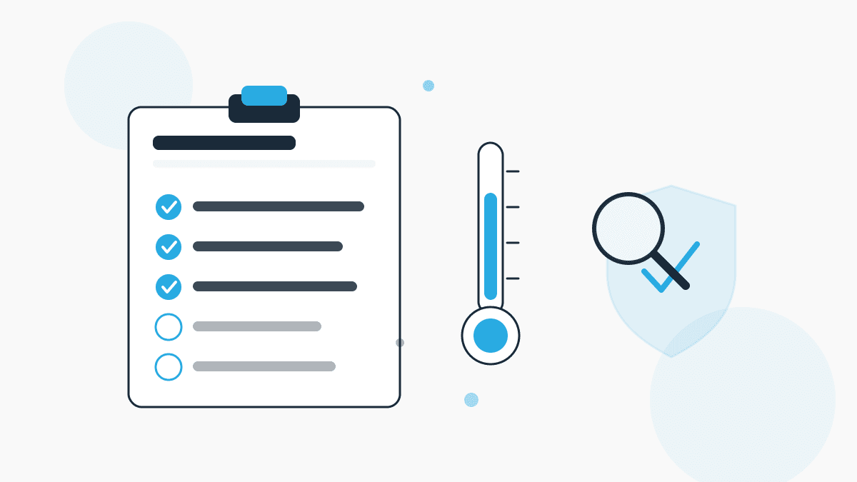 Illustration zur Eigenkontrolle Lebensmittel mit Checkliste, Thermometer und Lupe als Symbole für Prüfung und Dokumentation.