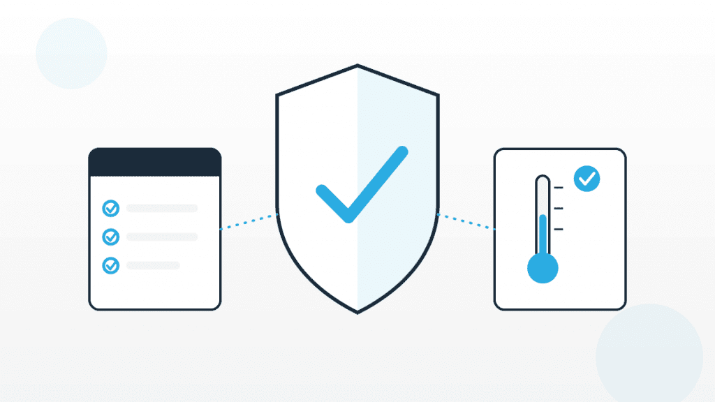 Illustration zu Food Safety Management mit Schutzschild, Checkliste und Thermometer als Symbol für Lebensmittelsicherheit.