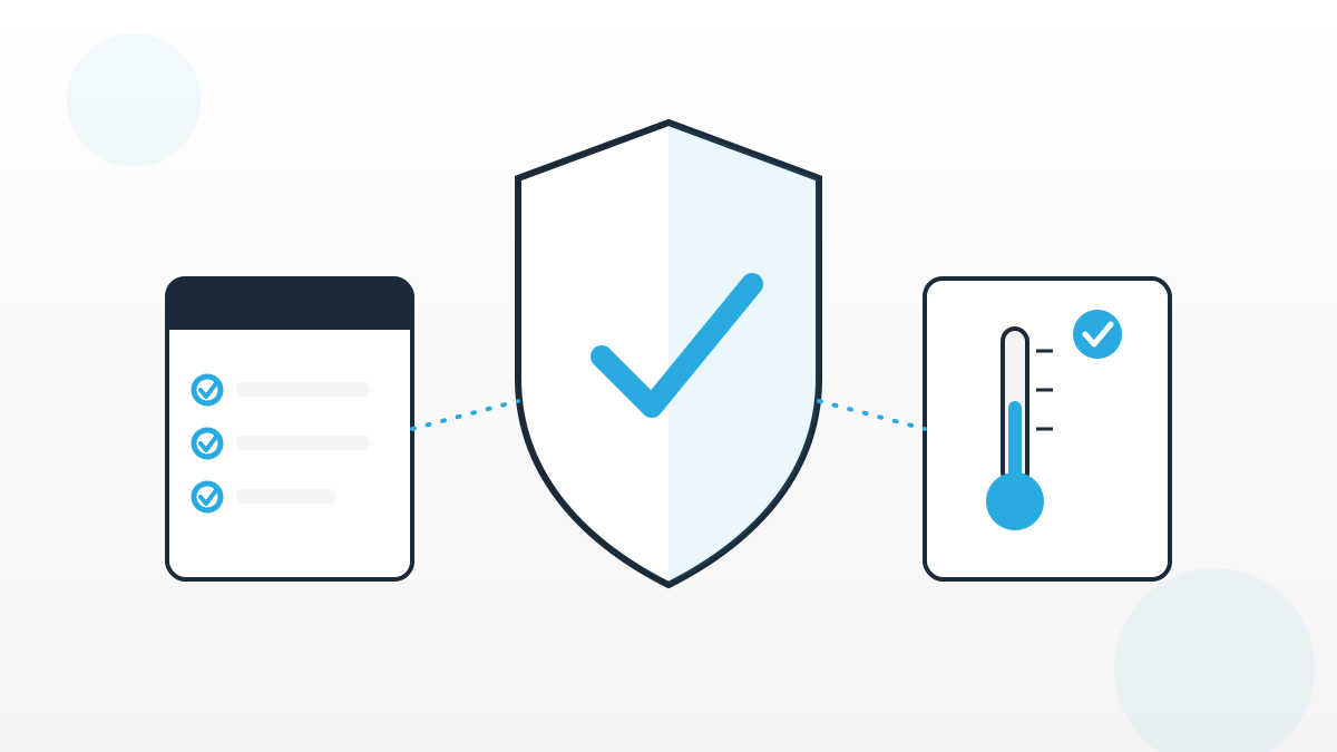 Illustration zu Food Safety Management mit Schutzschild, Checkliste und Thermometer als Symbol für Lebensmittelsicherheit.