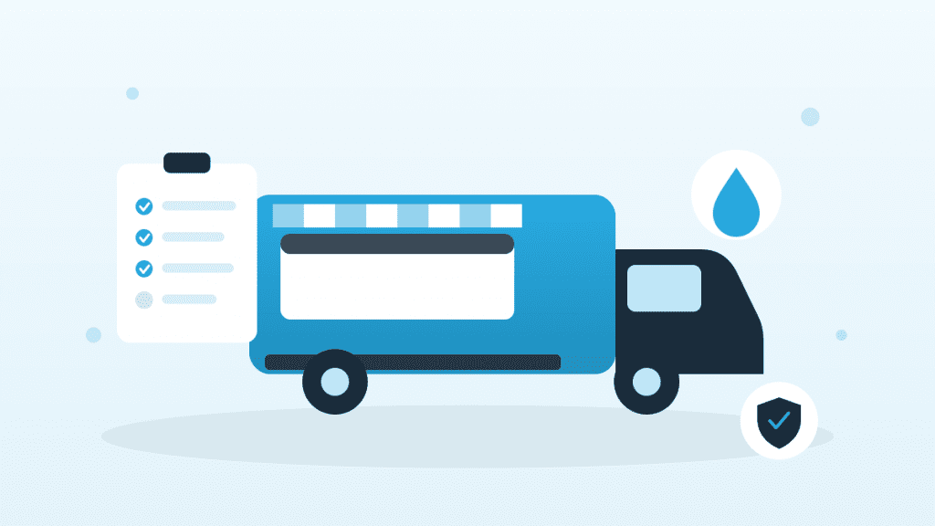 llustration zu Foodtruck Hygienevorschriften mit Imbisswagen, Hygiene-Checkliste, Wassertropfen und Schutzschild im QMSpot-Stil.