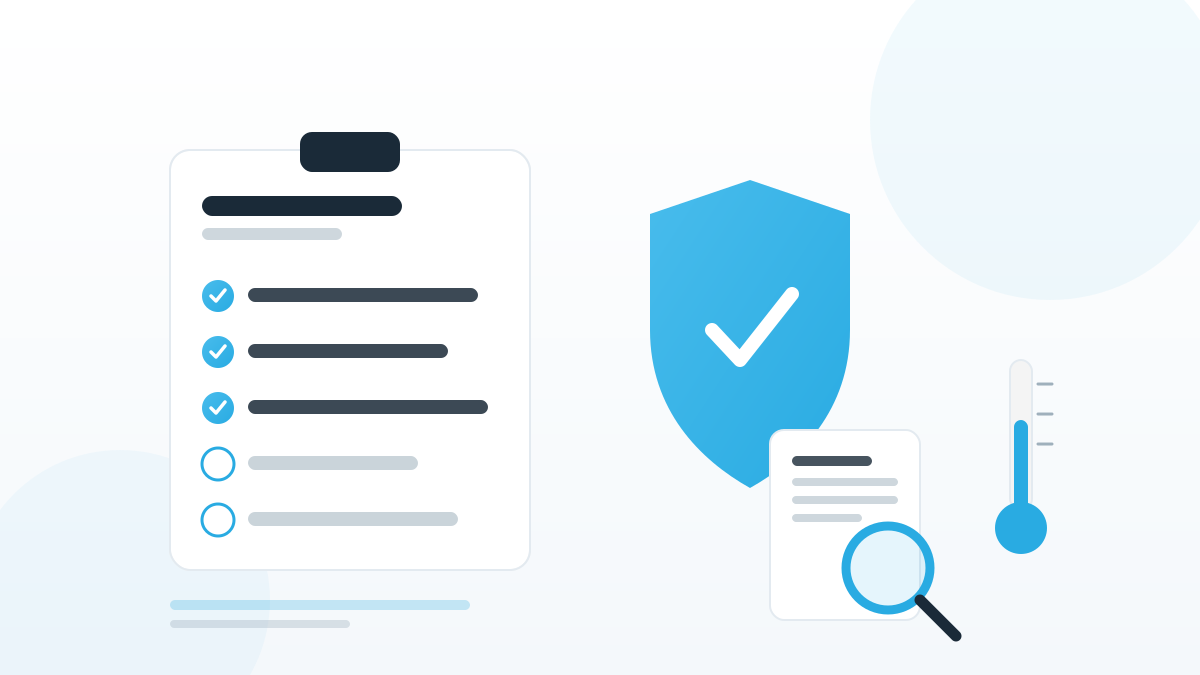 gesetzliche-anforderungen-lebensmittel-illustration Illustration zu gesetzlichen Anforderungen an Lebensmittel mit Checkliste, Schutzschild, Prüfdokument und Thermometer.
