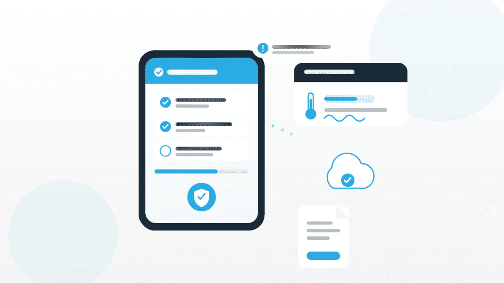 Illustration zu einer HACCP App mit Smartphone, digitaler Checkliste, Temperatursensor und Cloud-Dokumentation im QMSpot-Look
