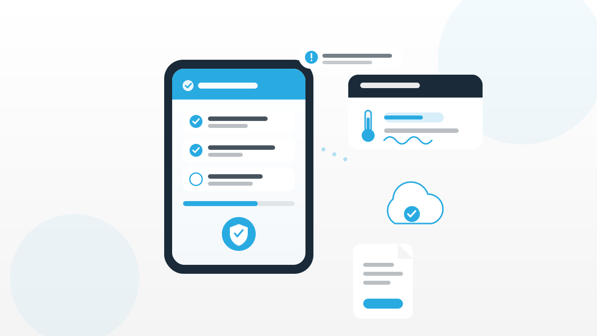 Illustration zu einer HACCP App mit Smartphone, digitaler Checkliste, Temperatursensor und Cloud-Dokumentation im QMSpot-Look