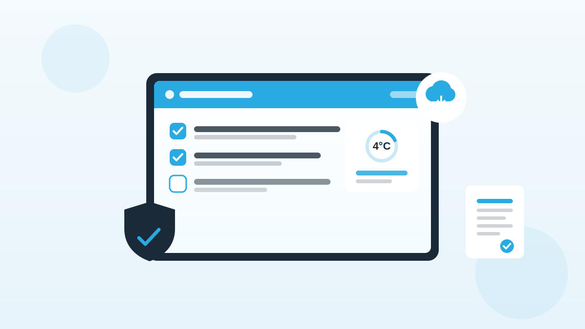 Illustration zu HACCP Dokumentation digital mit Tablet-Dashboard, digitaler Checkliste, Temperaturanzeige und Cloud-Symbol.