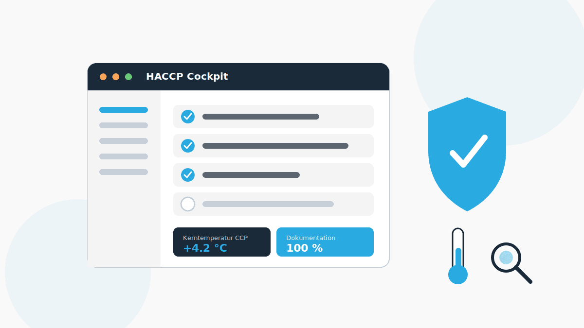 haccp-software-illustration Illustration zu HACCP Software mit digitalem Dashboard, Checkliste, Temperaturkontrolle und Schutzschild.
