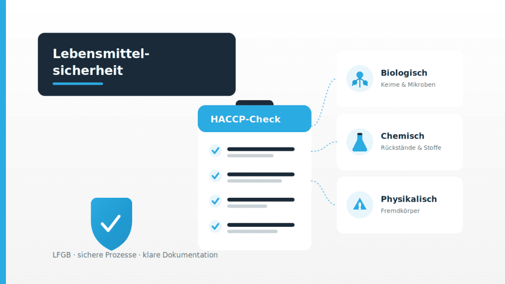 Illustration zu HACCP und LFGB mit Checkliste und drei Karten für biologische, chemische und physikalische Gefahren in Blau.