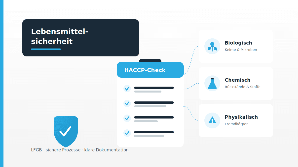 Illustration zu HACCP und LFGB mit Checkliste und drei Karten für biologische, chemische und physikalische Gefahren in Blau.