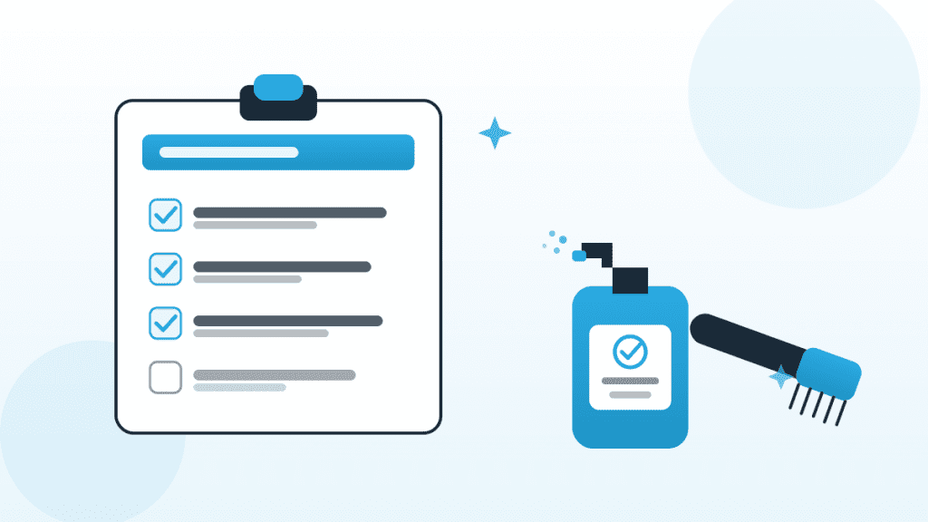 Illustration zu Reinigungsplan Gastronomie mit Checkliste, Sprühflasche und Reinigungsbürste in QMSpot-Blau.