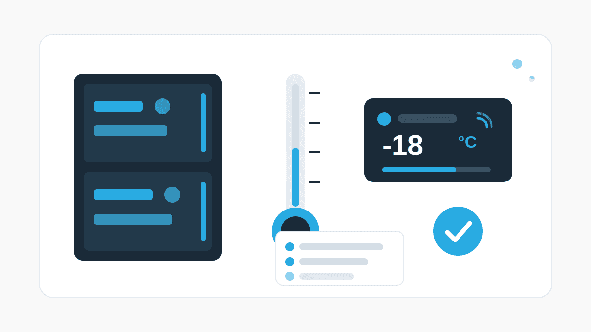 Illustration zur Temperaturkontrolle von Lebensmitteln mit Kühleinheit, Thermometer und digitalem Sensor mit Häkchen.