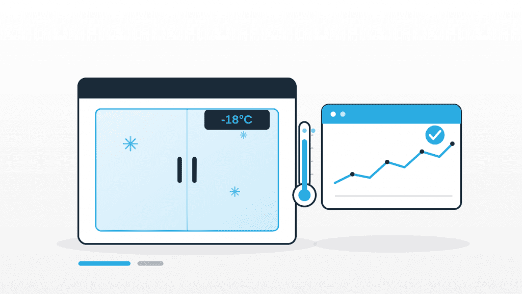 Illustration zur Temperaturüberwachung im Kühlhaus mit Kühlhaus-Einheit, Thermometer und digitalem Monitoring-Panel in QMSpot-Blau.