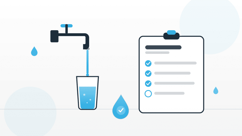 Illustration zur Trinkwasserverordnung im Betrieb mit Wasserhahn, Trinkglas und Prüf-Checkliste.