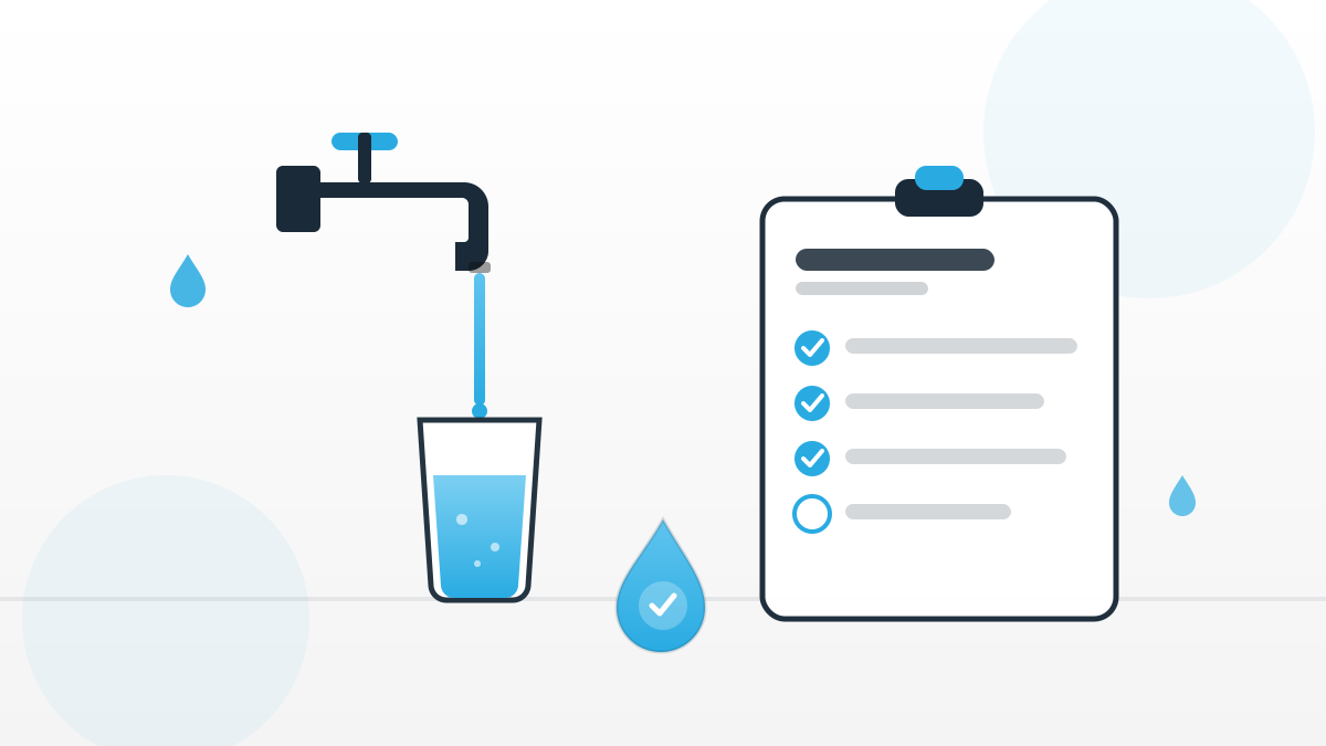 Illustration zur Trinkwasserverordnung im Betrieb mit Wasserhahn, Trinkglas und Prüf-Checkliste.