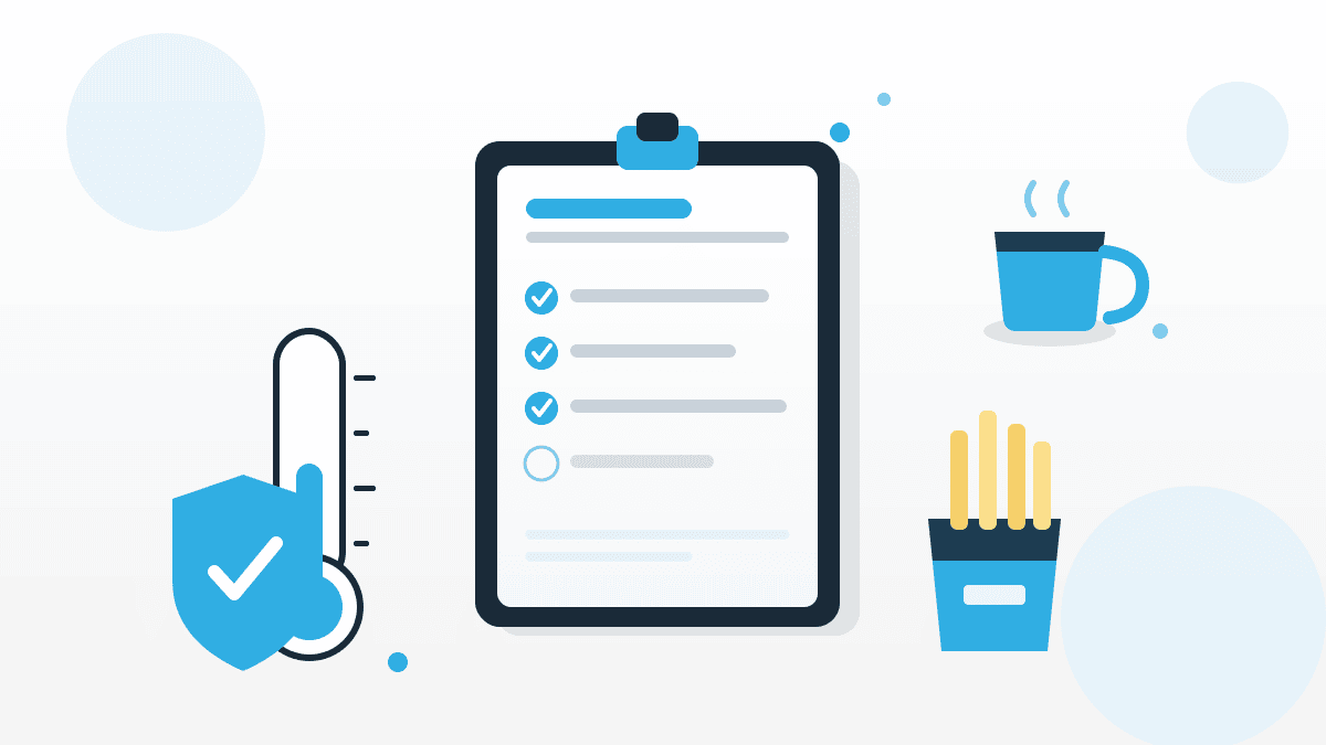 Illustration zur Acrylamid Verordnung mit Checkliste, Thermometer, Schutzschild sowie Pommes- und Kaffee-Symbol im QMSpot-Stil.