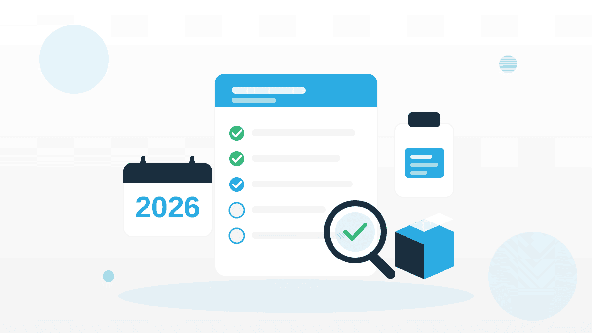 aenderungen-lebensmittelrecht-2026-illustration Illustration zu Änderungen im Lebensmittelrecht 2026 mit Kalender, geprüfter Checkliste, Etikett und Lupe.