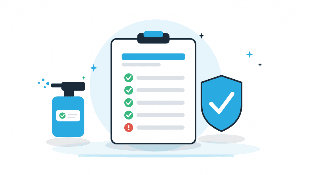 Illustration zu allgemeine Betriebshygiene mit Checkliste, Reinigungsmittel und Schutzschild als Symbol für sichere Hygieneprozesse im Lebensmittelbetrieb.