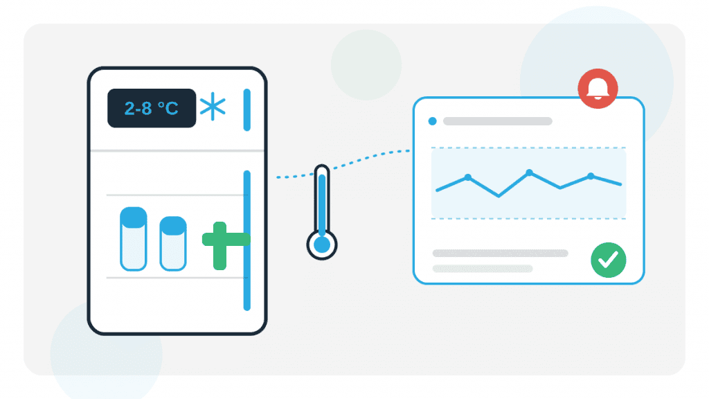 Illustration zu Anforderungen an Medikamentenkühlschränke mit Kühlgerät, Temperaturbereich 2 bis 8 Grad und digitaler Temperaturüberwachung.