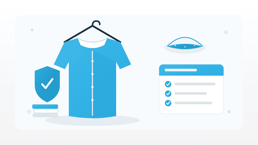 Illustration zu Arbeitskleidung beim Umgang mit Lebensmitteln mit Hygienekittel, Kopfhaube, Schutzschild und Hygiene-Checkliste in QMSpot-Blau.