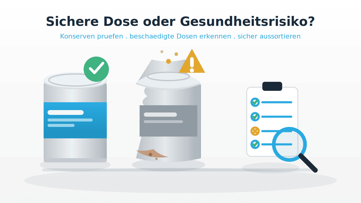 Illustration zu beschädigte Konservendosen mit intakter Dose, aufgewölbter beschädigter Dose und Prüf-Checkliste im QMSpot-Look.
