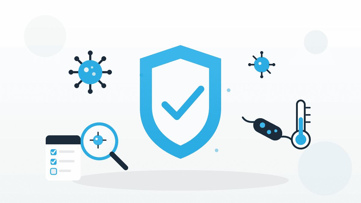 biologische-gefahren-lebensmittelbranche-illustration Illustration zu biologischen Gefahren in der Lebensmittelbranche mit Schutzschild, Mikroben-Symbolen, Prüf-Checkliste und Thermometer.