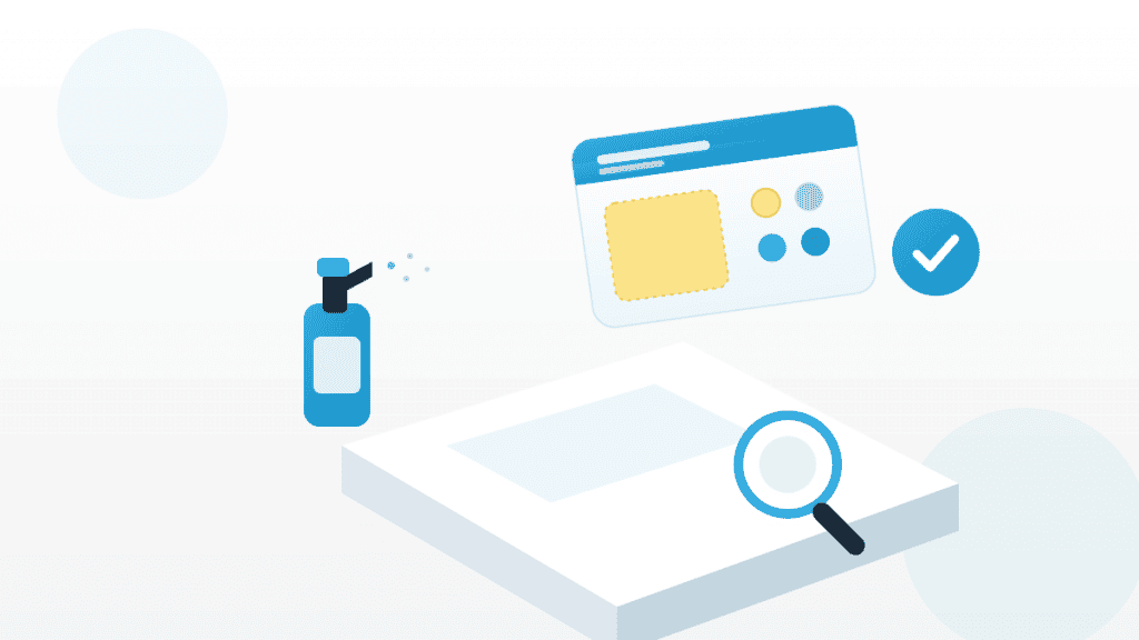 Illustration zur Clean Card als Eigenkontrolle mit Testkarte, Farbskala, Sprühflasche und Lupe auf sauberer Arbeitsfläche.