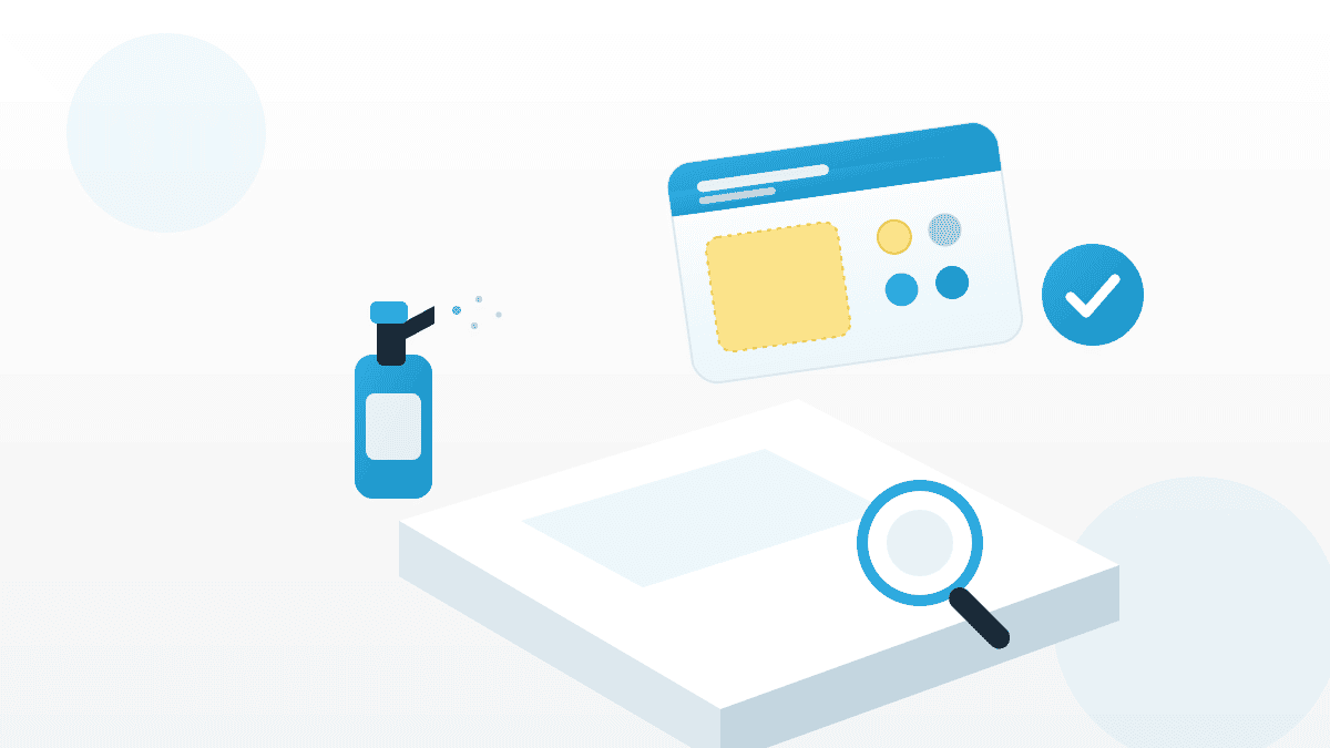Illustration zur Clean Card als Eigenkontrolle mit Testkarte, Farbskala, Sprühflasche und Lupe auf sauberer Arbeitsfläche.