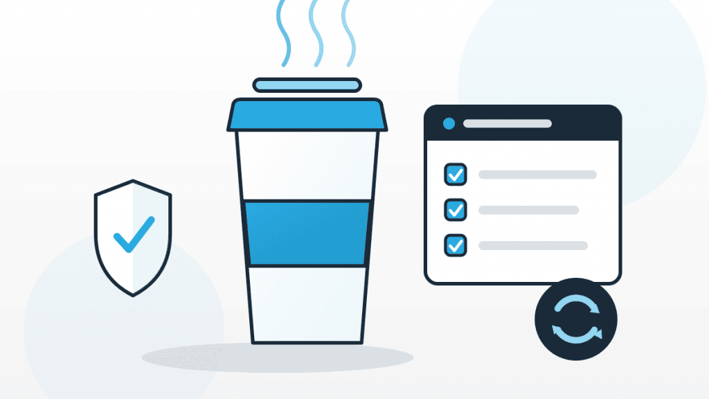 Illustration zu gesetzliche Anforderungen Coffee to Go mit Kaffeebecher, Checkliste, Schutzschild und Recycling-Symbol.