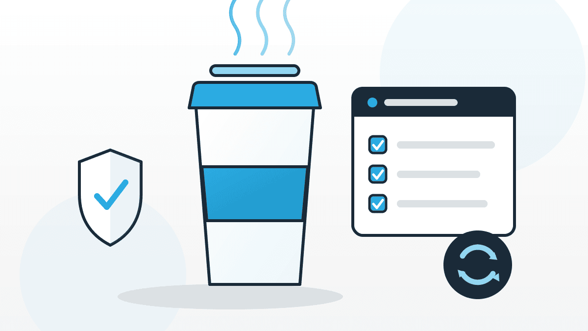 Illustration zu gesetzliche Anforderungen Coffee to Go mit Kaffeebecher, Checkliste, Schutzschild und Recycling-Symbol.