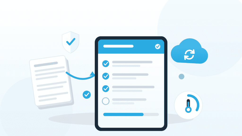 Illustration zur digitalen HACCP-Dokumentation mit Tablet, digitaler Checkliste, Cloud-Sync und Temperatursensor im QMSpot-Look.