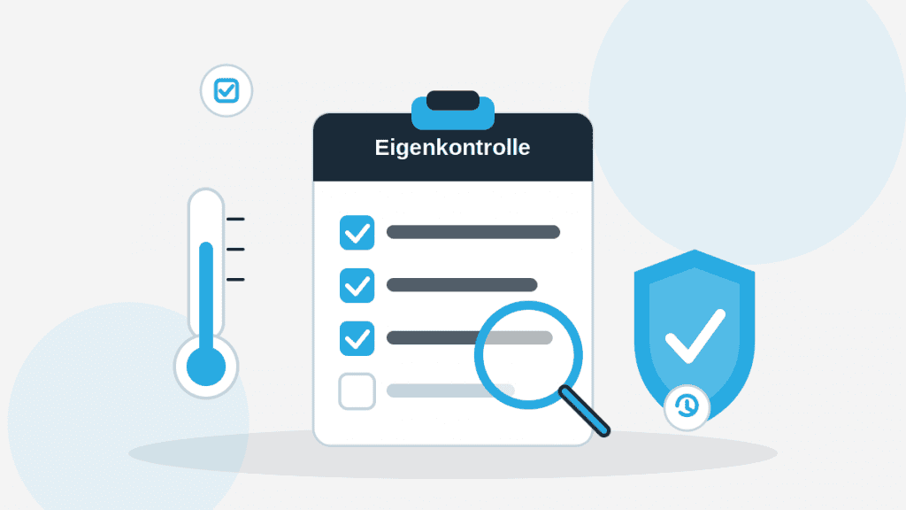 Illustration zur Eigenkontrolle in der Gastronomie mit Checkliste, Thermometer, Lupe und Schutzschild.