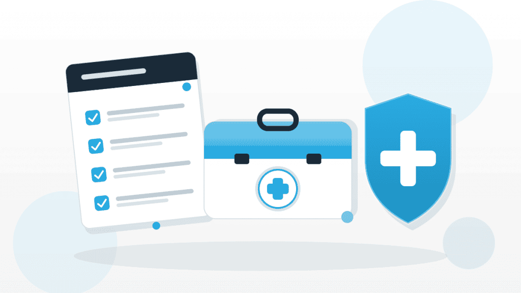 Illustration zu Erste Hilfe im Betrieb mit Erste-Hilfe-Koffer, Kreuz-Symbol, Checkliste und Schutzschild in QMSpot-Blau.