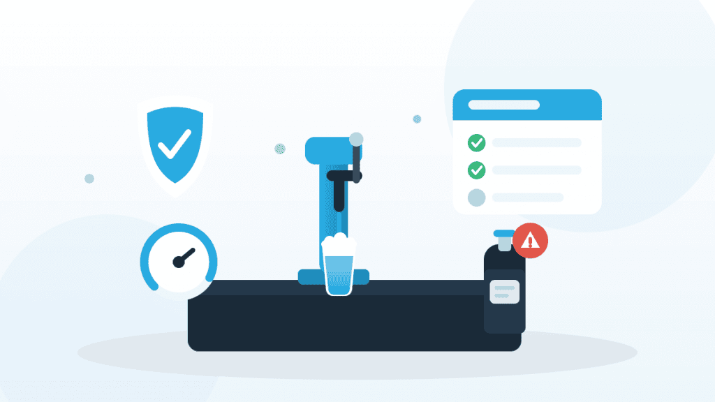 Illustration zu gesetzliche Vorgaben für Getränkeschankanlagen mit Zapfsäule, Hygiene-Checkliste, CO2-Warnung und Schutzschild.