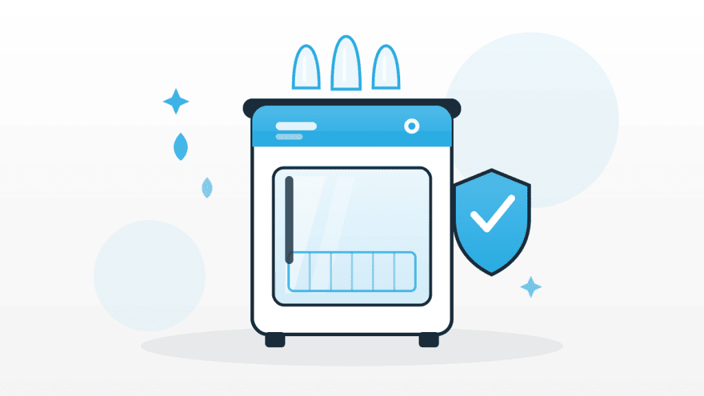 Illustration zu gewerbliche Gläserspülmaschine mit Spülmaschine, sauberen Gläsern und Hygiene-Schild in QMSpot-Blau.