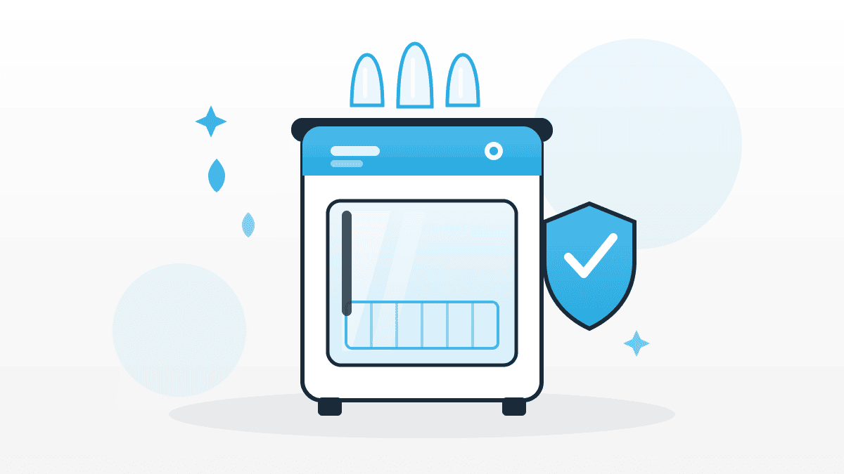 gewerbliche-glaeserspuelmaschine-anforderungen-illustration Illustration zu gewerbliche Gläserspülmaschine mit Spülmaschine, sauberen Gläsern und Hygiene-Schild in QMSpot-Blau.