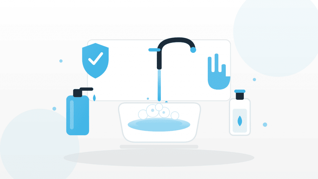 Illustration zur Händehygiene beim Umgang mit Lebensmitteln mit Waschbecken, Seifenspender, Desinfektionsmittel und Schutzschild.