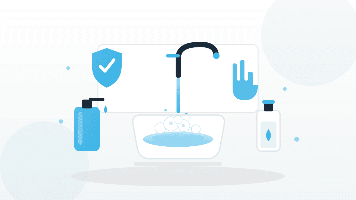 Illustration zur Händehygiene beim Umgang mit Lebensmitteln mit Waschbecken, Seifenspender, Desinfektionsmittel und Schutzschild.