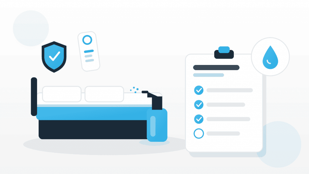 Illustration zu Housekeeping im Hotel mit gemachtem Bett, Reinigungs-Checkliste, Sprühflasche und Schutzschild.