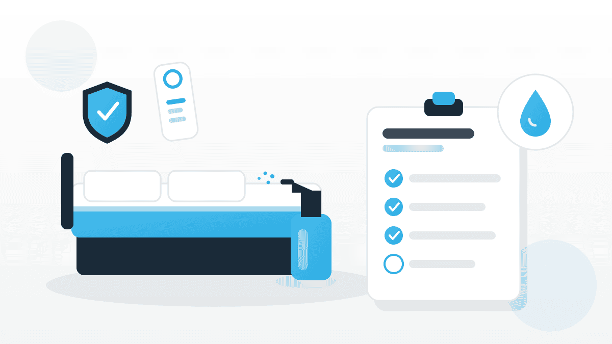 Illustration zu Housekeeping im Hotel mit gemachtem Bett, Reinigungs-Checkliste, Sprühflasche und Schutzschild.