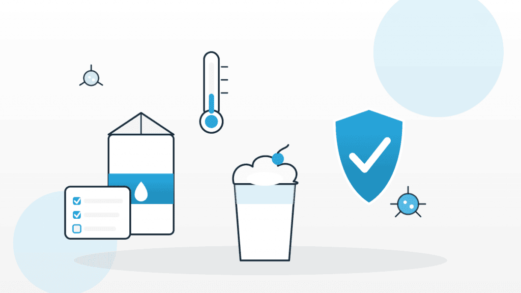 Illustration zur Hygiene bei Sahneprodukten mit Milchkarton, aufgeschlagener Sahne, Thermometer, Prüf-Häkchen und Keim-Symbolen.