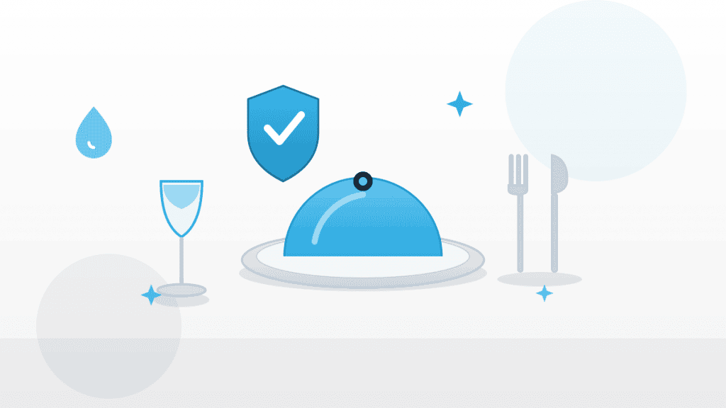 Illustration zu Hygiene im Service mit Serviertablett, Servierglocke, Glas, Besteck und Hygiene-Schild im QMSpot-Look.