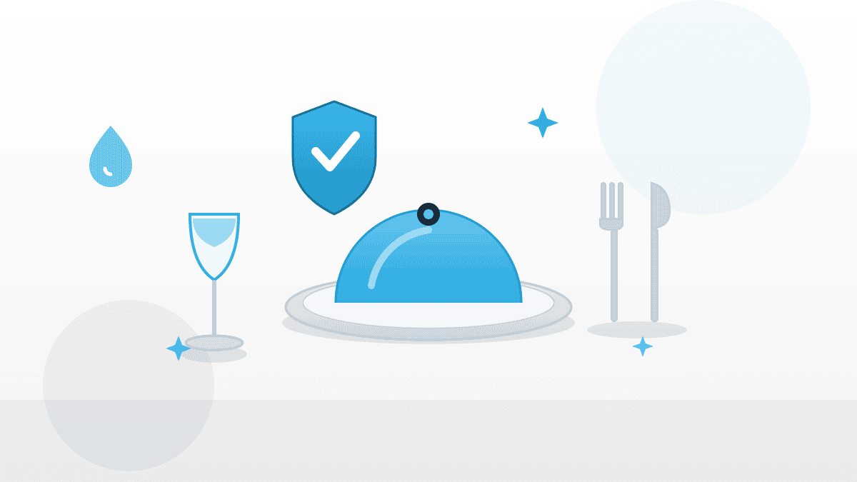 Illustration zu Hygiene im Service mit Serviertablett, Servierglocke, Glas, Besteck und Hygiene-Schild im QMSpot-Look.