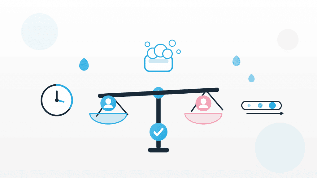 Illustration zum Hygieneempfinden von Männern und Frauen mit Balkenwaage, blauem und rosa Avatar, Seife, Wassertropfen und 20-Sekunden-Uhr im QMSpot-Look.