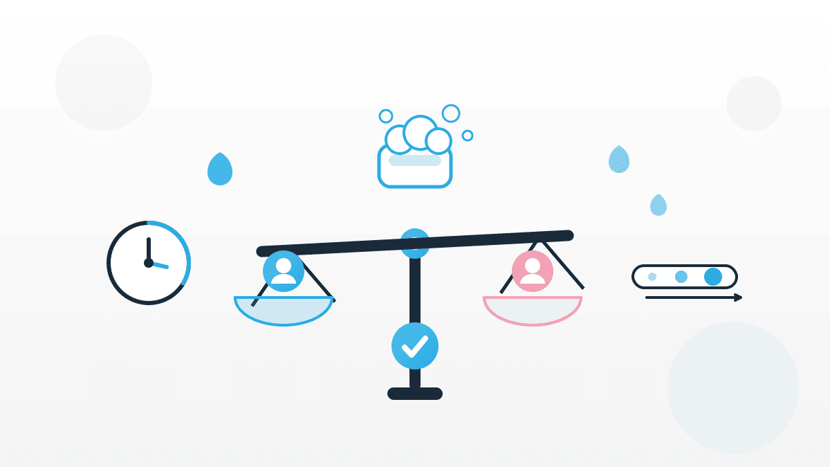 Illustration zum Hygieneempfinden von Männern und Frauen mit Balkenwaage, blauem und rosa Avatar, Seife, Wassertropfen und 20-Sekunden-Uhr im QMSpot-Look.