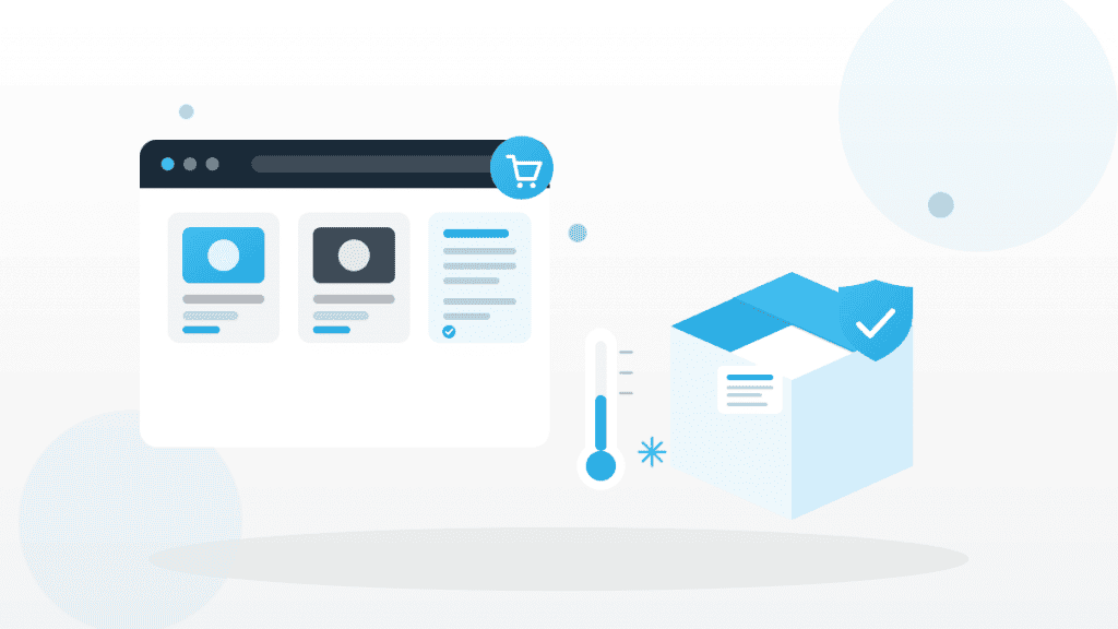 Illustration zum Internethandel mit Lebensmitteln mit Online-Shop, Versandkarton, Prüfsiegel und Kühlkette-Thermometer.